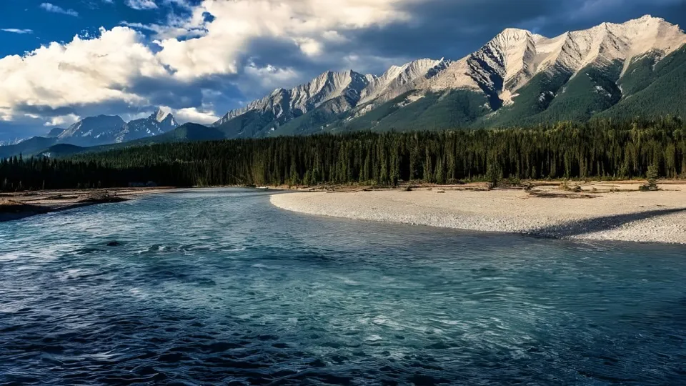 Un tranquillo panorama montano con un fiume e un banco di sabbia boscoso nei dintorni della École Polyvalente Secondaire Curé-Mercure.