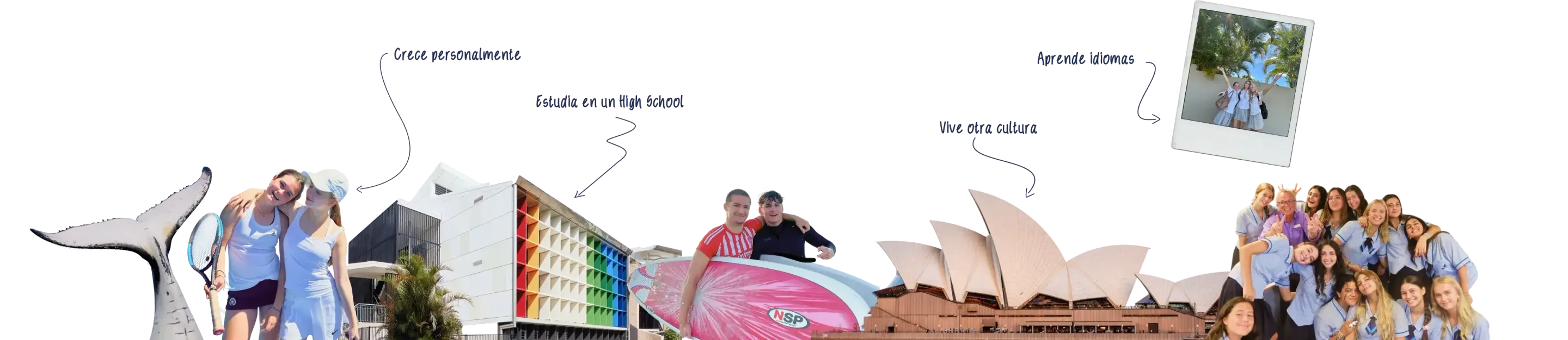 Collage sobre el año escolar en Australia con estudiantes, la Ópera de Sídney, una tabla de surf y una cola de ballena