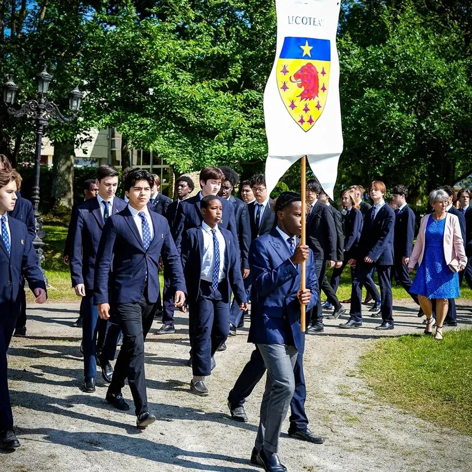 Un gruppo di studenti della Ecole des Roches cammina insieme lungo un viale alberato.