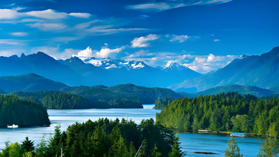 Paesaggio con montagne innevate, foreste e acqua in Columbia Britannica vicino alla École Secondaire R.A. McMath Secondary School.