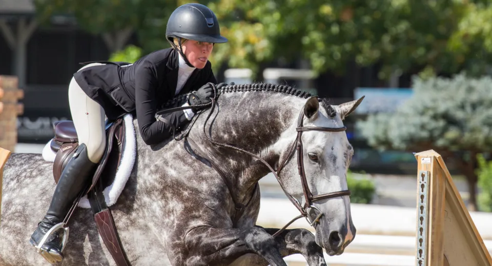 Una studentessa della Battle Abbey School cavalca un cavallo grigio all'aperto, davanti ad alberi ed edifici.