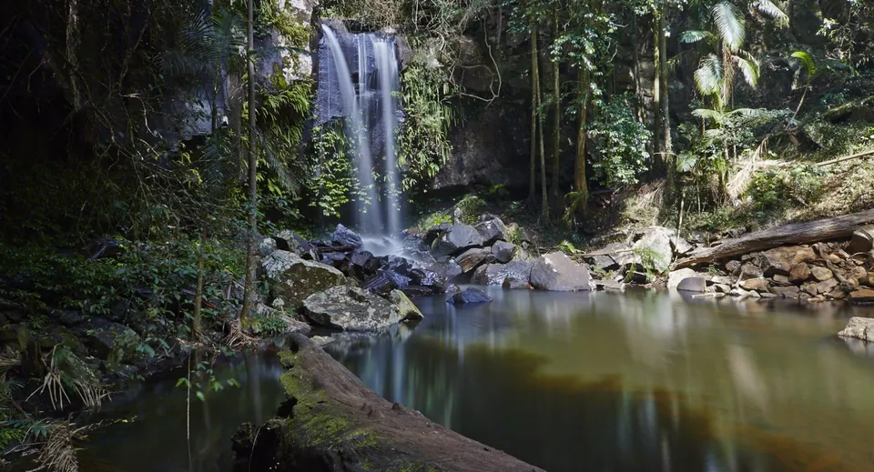 Una cascata scorre in un laghetto tranquillo in un ambiente naturale vicino alla Kenmore State High School.