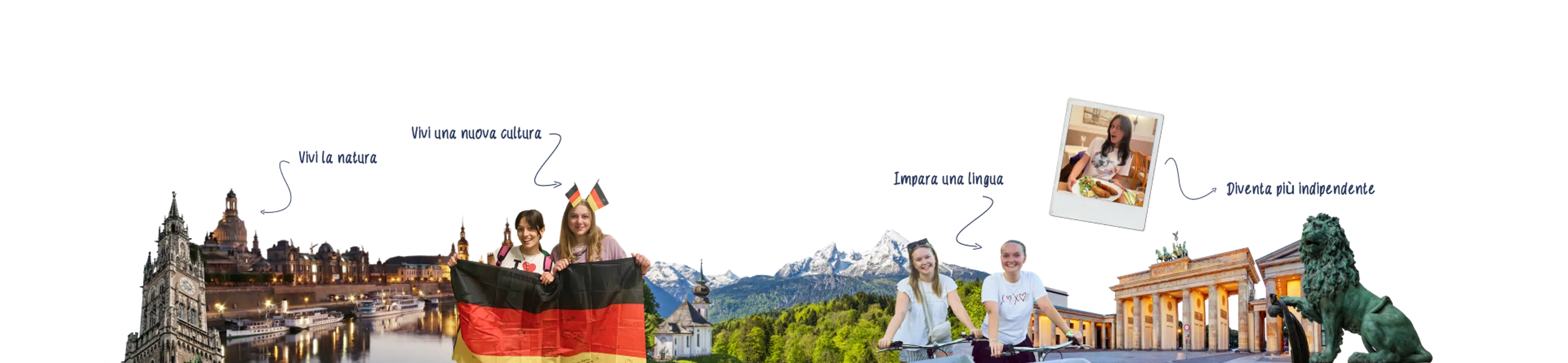 Collage sulla Germania: skyline illuminato, bandiera tedesca, montagne, ciclisti e Porta di Brandeburgo