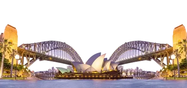 Ópera de Sídney y el puente del puerto iluminados al anochecer
