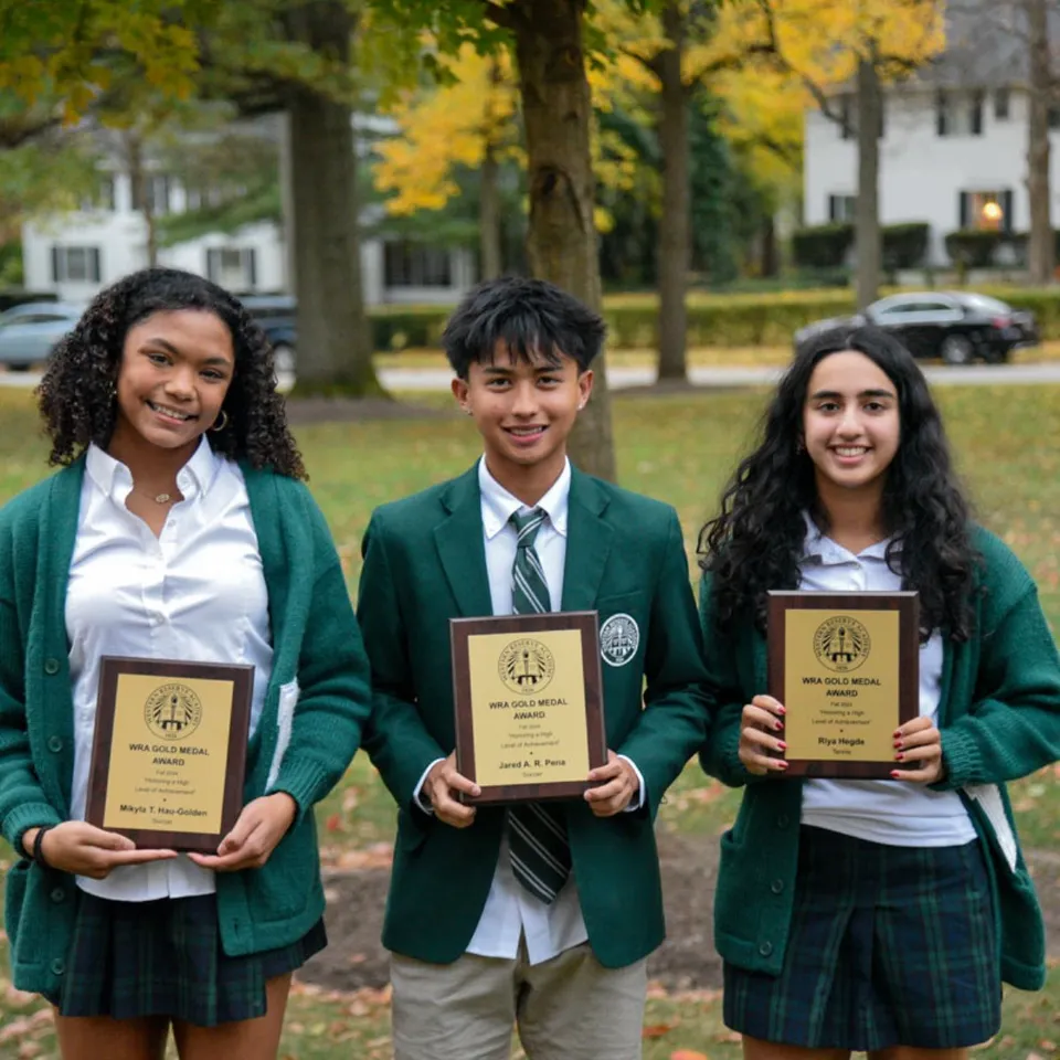 Tre studenti della Western Reserve Academy sono all'aperto e tengono in mano dei premi.