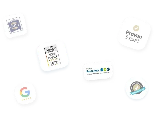 Gütesiegel und Auszeichnungen: ProvenExpert, Reisenetz, CSIET, DIOP Top Service, Google und ProvenExpert-Empfehlung