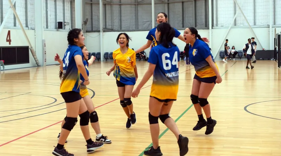 Un gruppo di studentesse del Gilmore College si trova su un campo da basket all'interno di una grande palestra.