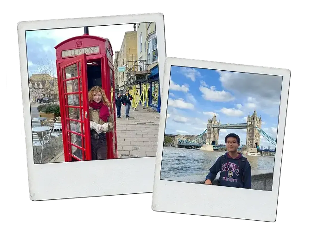 Due foto Polaroid: una ragazza in una cabina telefonica rossa e un ragazzo davanti al Tower Bridge di Londra