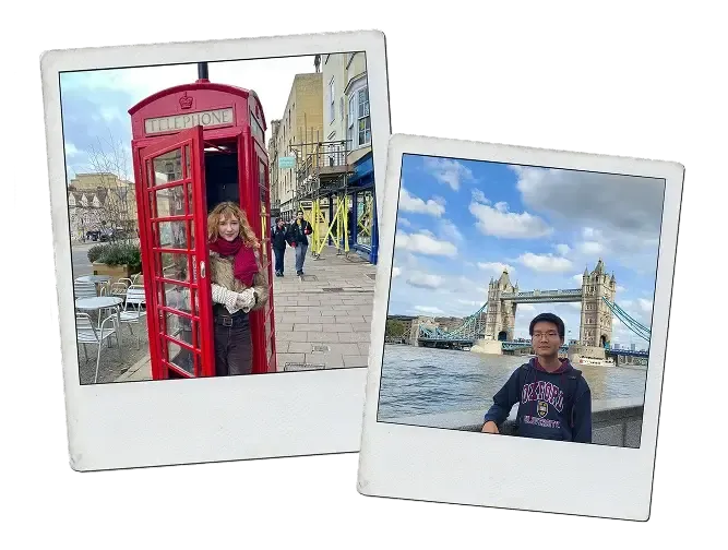Due foto Polaroid: una ragazza in una cabina telefonica rossa e un ragazzo davanti al Tower Bridge di Londra