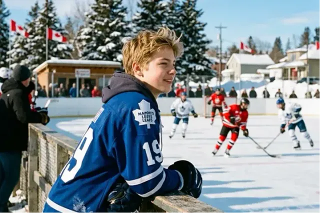 Ragazzo con maglia da hockey osserva una partita su una pista di ghiaccio all'aperto con bandiere canadesi