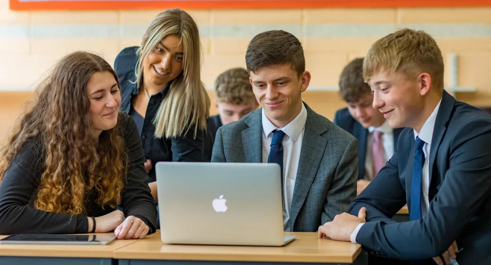 Un gruppo di studenti della Rishworth School lavora insieme a un laptop in un'aula.