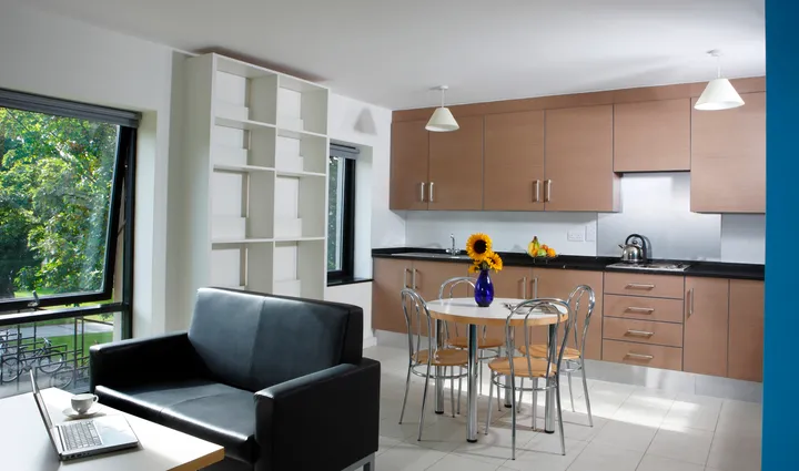 Cocina y salón compartidos de la residencia con sofá, mesa de comedor y ventana al jardín