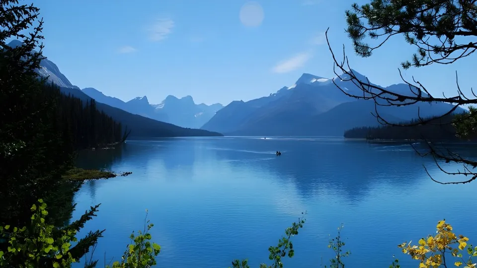 Un tranquillo lago alpino con una piccola barca e montagne sullo sfondo vicino alla École Secondaire Oak Park High School.