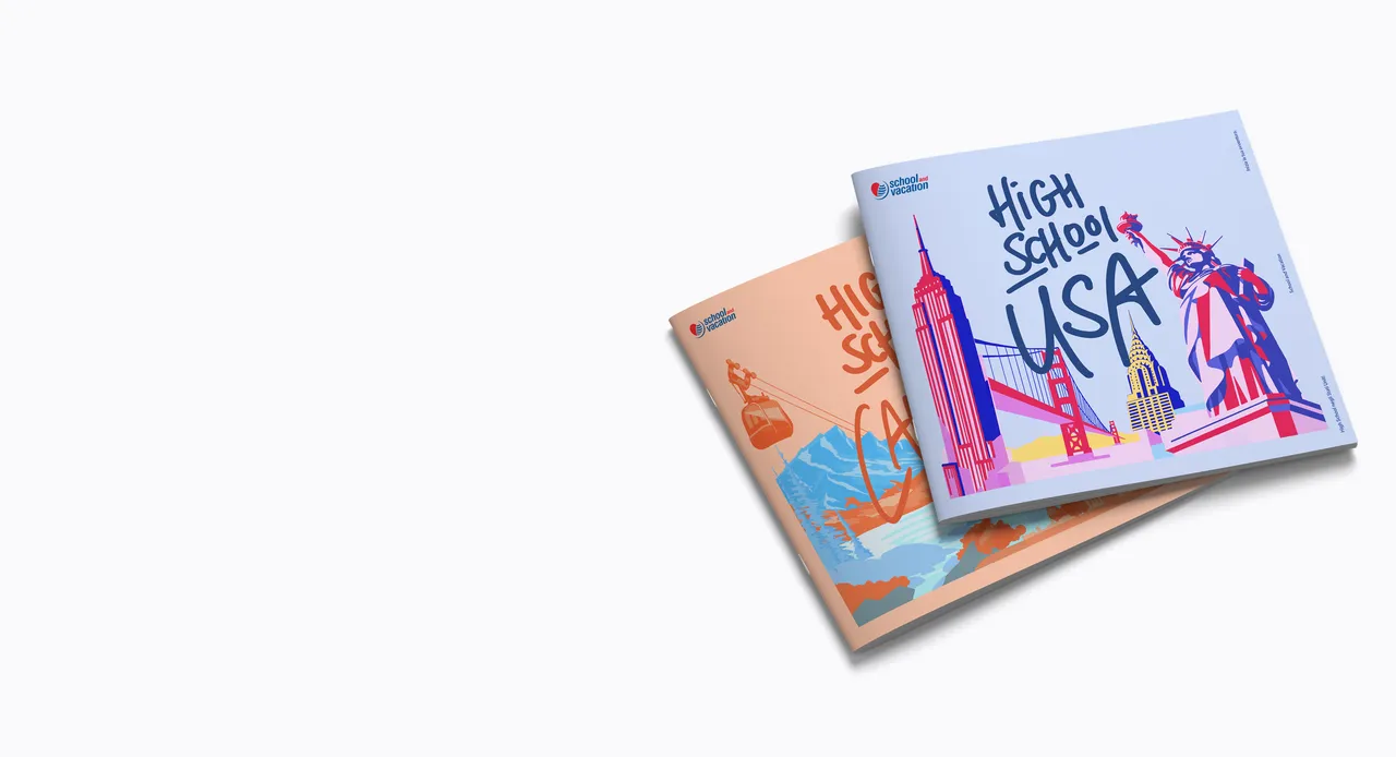 Brochure High School USA con illustrazioni di monumenti americani