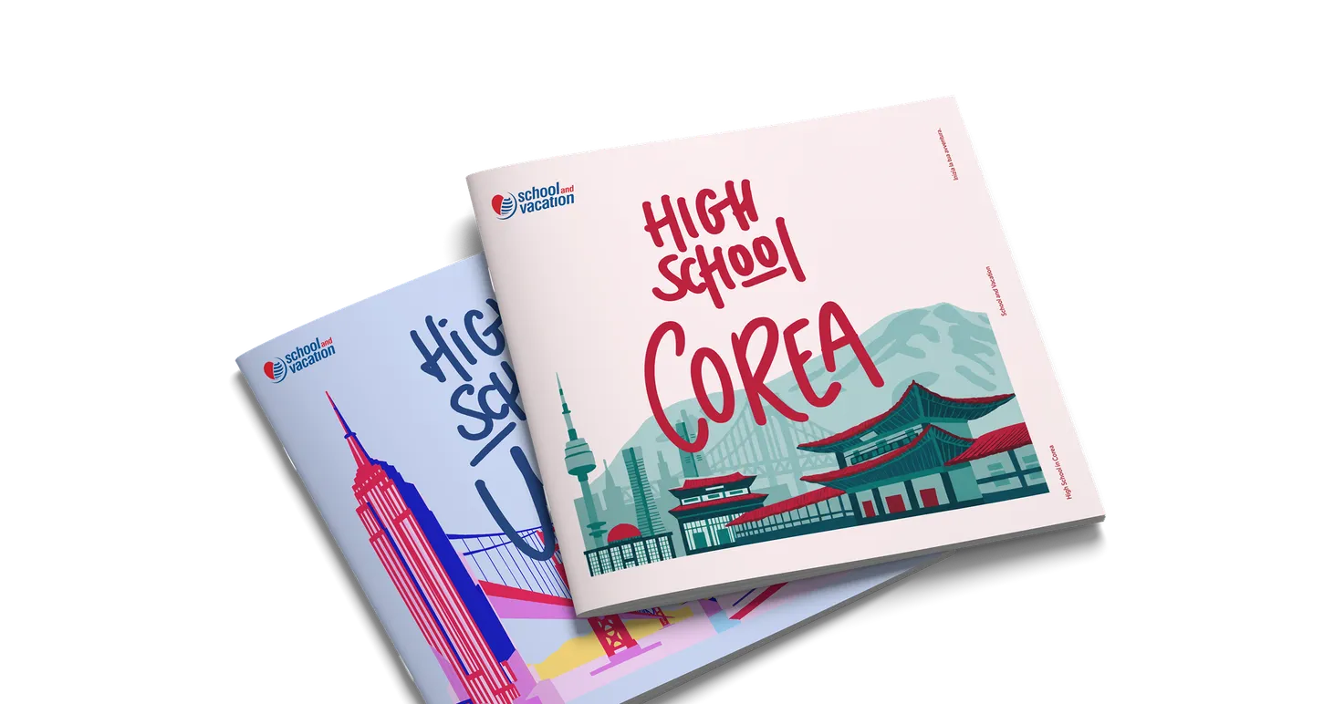 Due brochure «High School Corea» di School and Vacation con illustrazione dello skyline coreano