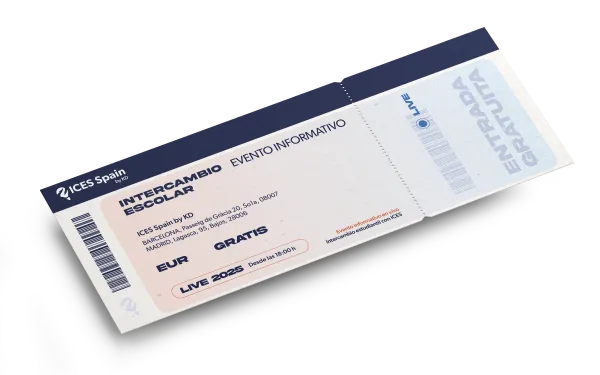 Entrada impresa de un evento informativo de ICES Spain sobre intercambio escolar