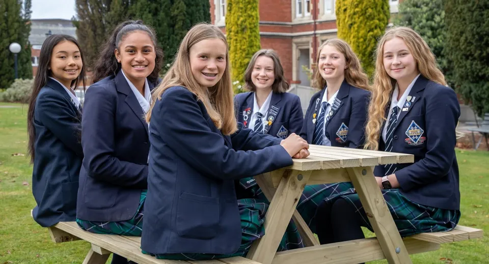 Un gruppo di studentesse della Otago Girls High School è seduto su una panchina in legno nell'area giardino con alberi ed edifici scolastici sullo sfondo.
