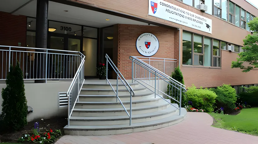 L'ingresso con le scale e un cartello sulla facciata in mattoni della St. George's School of Montreal.