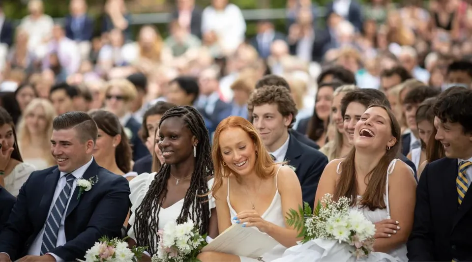 Un gruppo di studenti della Blair Academy si riunisce durante una celebrazione con mazzi di fiori.