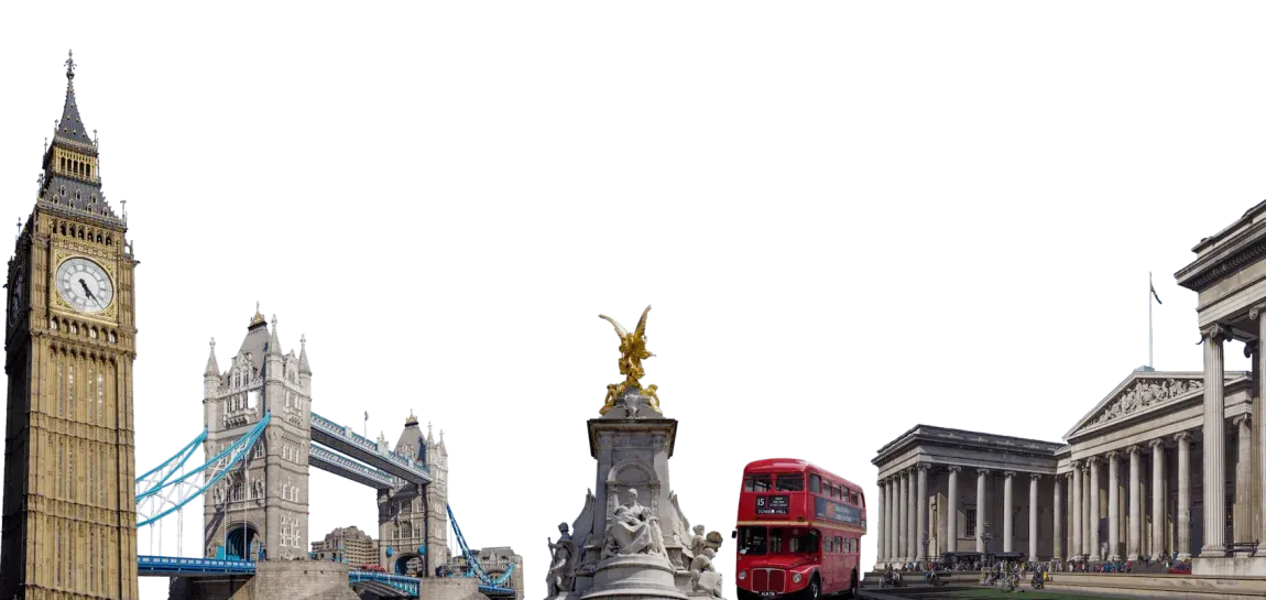 Collage di monumenti di Londra: Big Ben, Tower Bridge, autobus rosso a due piani e British Museum