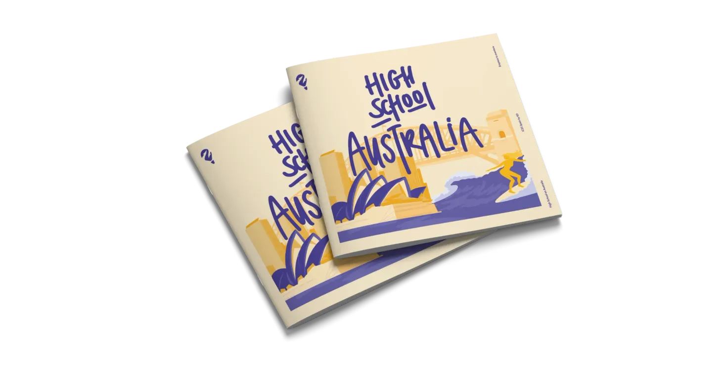 Dos ejemplares del folleto High School Australia con la Ópera de Sídney ilustrada en la portada