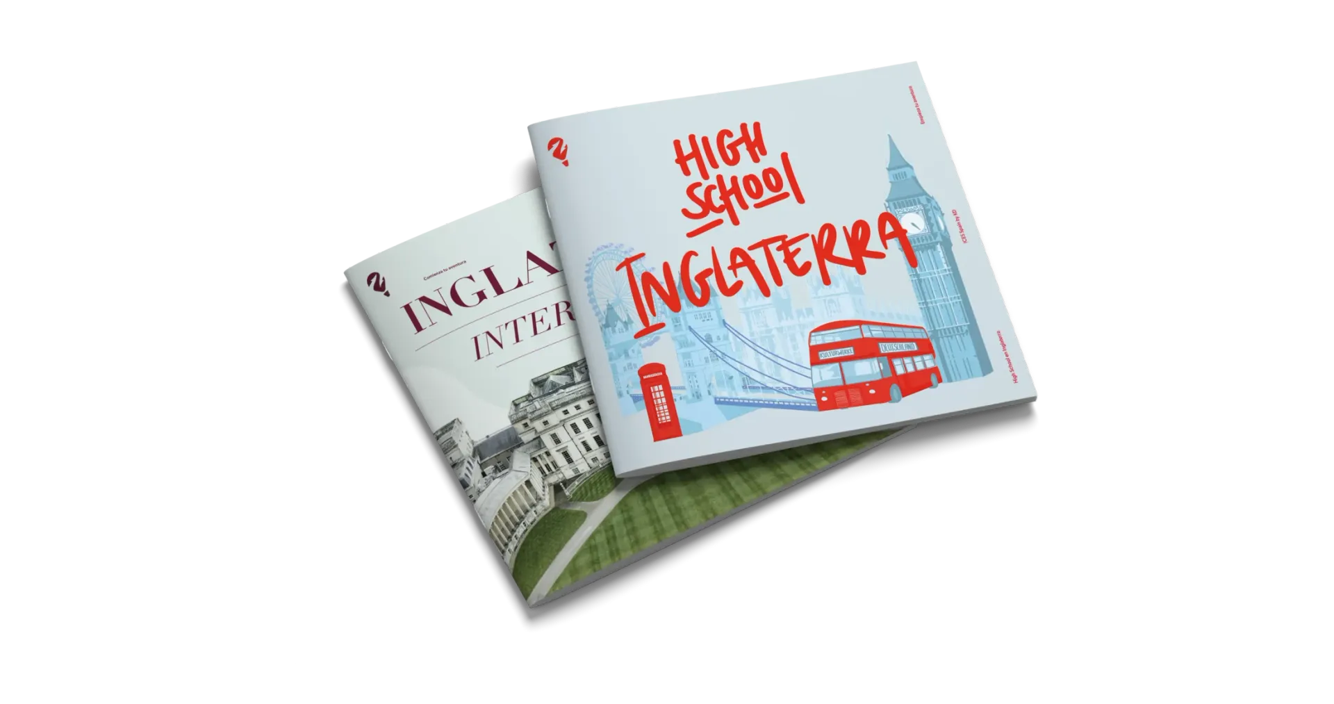 Dos ejemplares del folleto High School Inglaterra con el Big Ben y un autobús rojo ilustrados