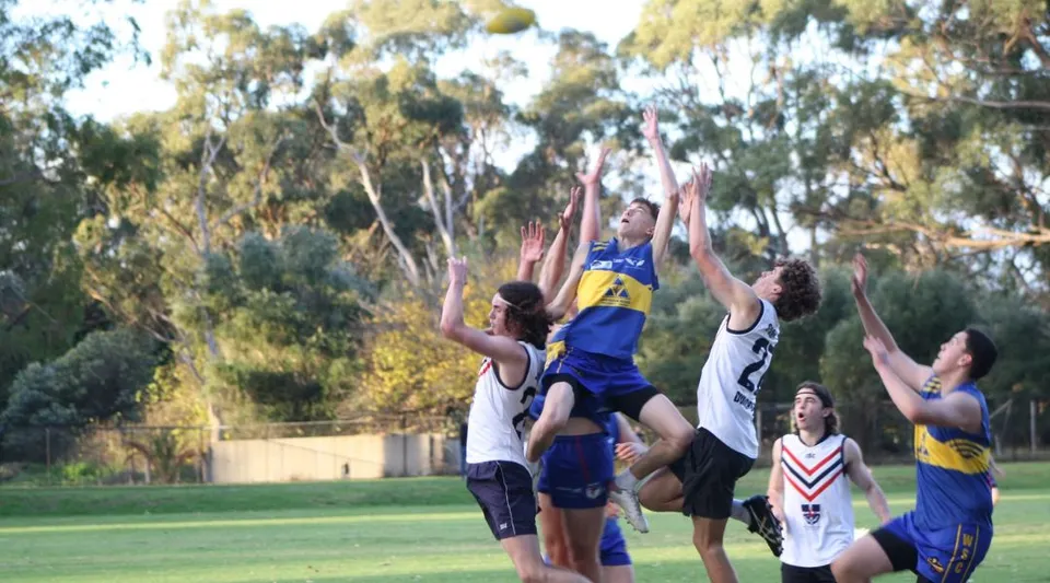 Studenti giocano a basket su un campo in erba con alberi al Wanneroo Secondary College.