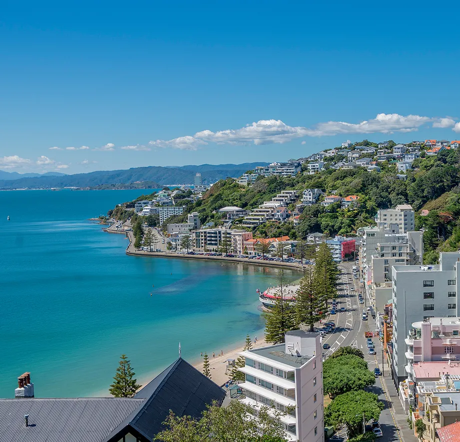 Vista de la bahía de Wellington con su playa, el paseo marítimo y las casas en la ladera