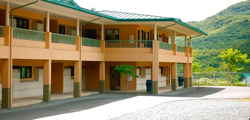 L'edificio a più piani della Le Jardin Academy con camminamento coperto e balconi davanti a un paesaggio montuoso.