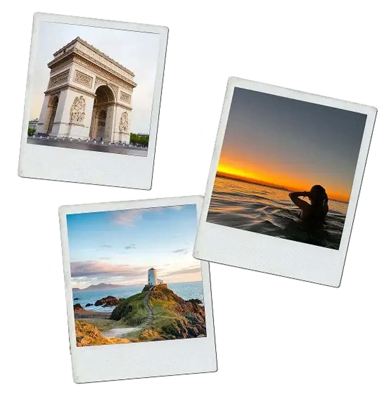 Collage di foto polaroid di viaggio: monumento, faro sulla costa e tramonto sul mare