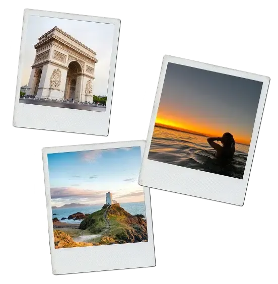 Collage di foto polaroid di viaggio: monumento, faro sulla costa e tramonto sul mare