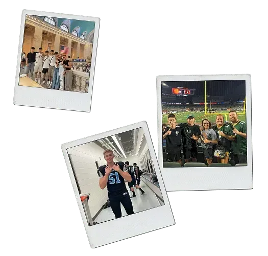 Collage di foto polaroid di studenti a una partita di football americano e in viaggio