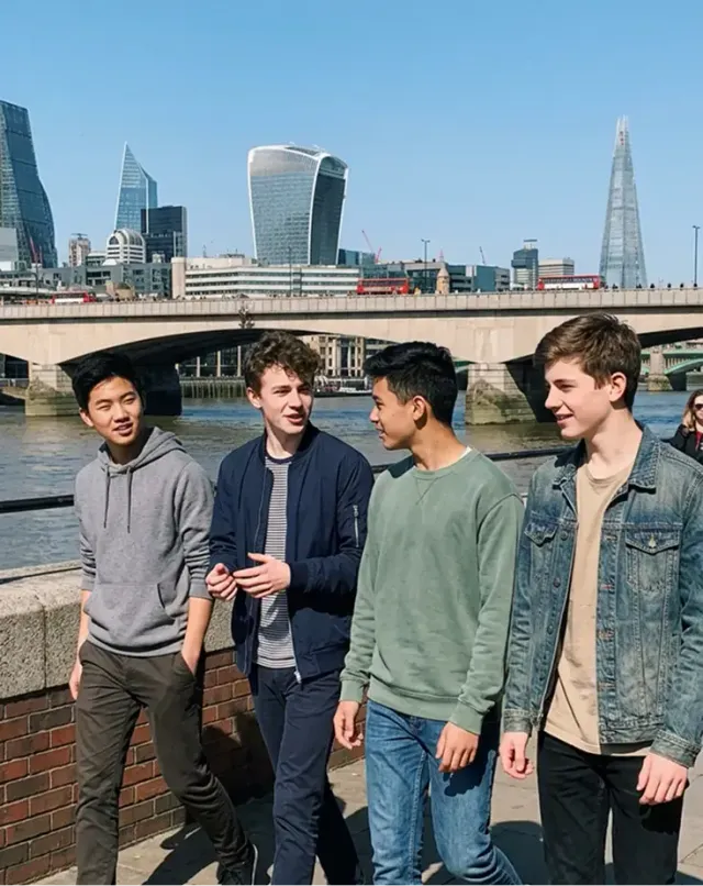Quattro ragazzi passeggiano lungo il Tamigi con lo skyline di Londra sullo sfondo