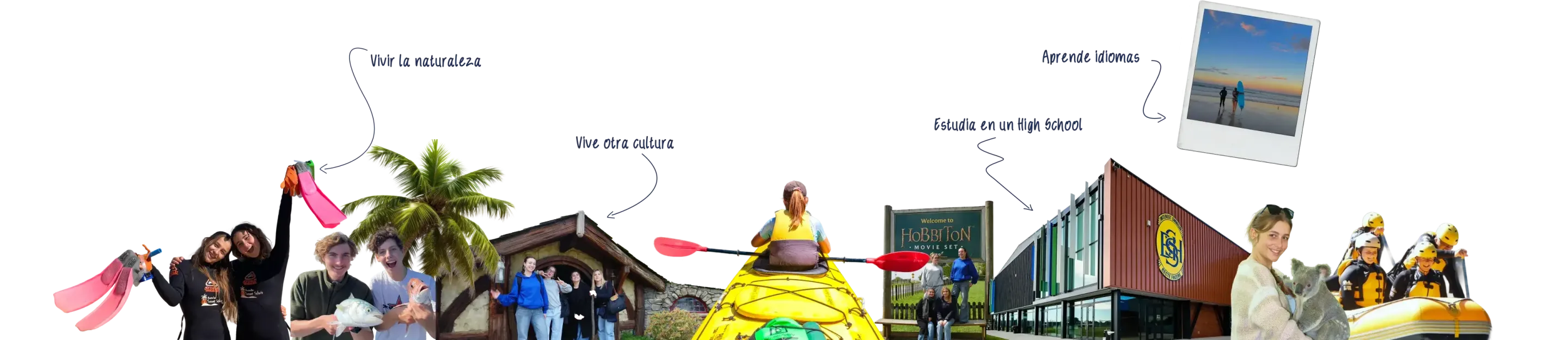 Collage sobre el año escolar en Nueva Zelanda con estudiantes, un instituto moderno, una kayakista y una balsa de rafting