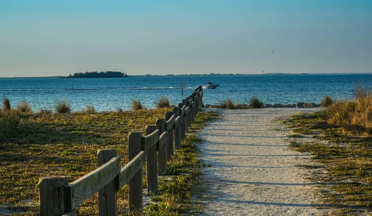 Sandweg mit Holzzaun führt durch Dünengras zum Meer