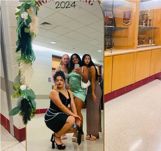 Quattro ragazze in abito elegante si fanno un selfie allo specchio a un ballo di Homecoming negli Stati Uniti.