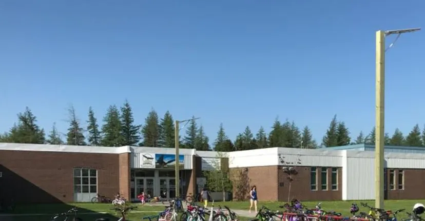 L'edificio scolastico moderno della Glovertown Academy con gruppi di studenti sul prato antistante e il bosco sullo sfondo.