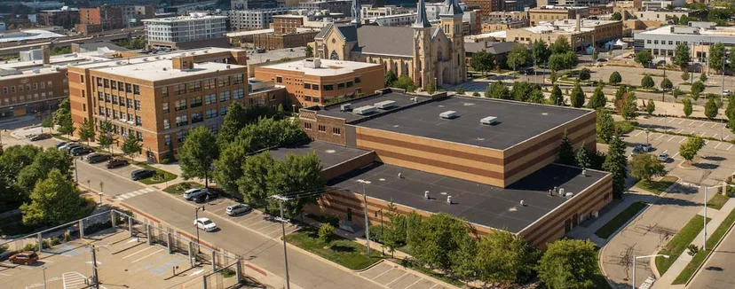L'edificio principale della Catholic Central High School è circondato da alberi e fa parte di uno skyline cittadino con edifici moderni e storici.
