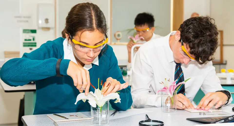 Studenti dell'Ardingly College indossano occhiali protettivi ed esaminano fiori in laboratorio.