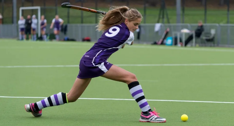 Una giovane atleta gioca a hockey su prato sul campo in erba sintetica della Gordonstoun School.