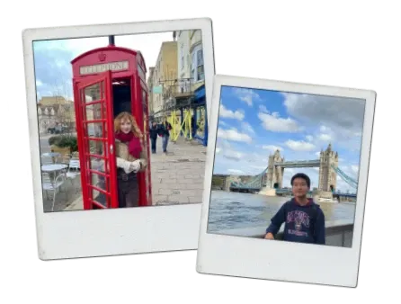 Dos fotos polaroid: una chica en una cabina telefónica roja y un chico ante el Tower Bridge de Londres