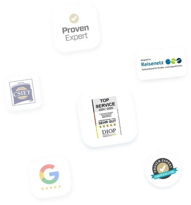 Collage di badge e certificazioni di qualità: ProvenExpert, Reisenetz, CSIET, DIOP Top Service e Google
