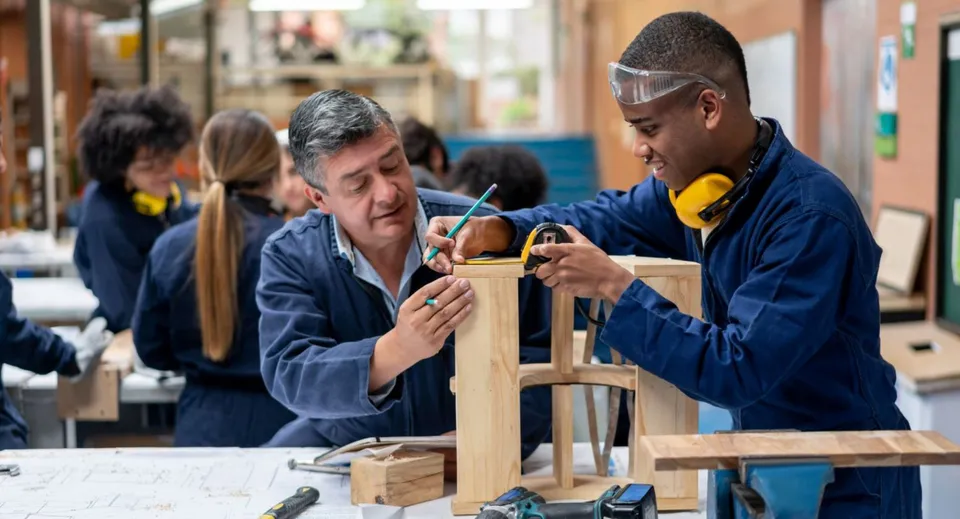 Due uomini lavorano insieme a un progetto in legno nel laboratorio del Guelph Collegiate Vocational Institute.