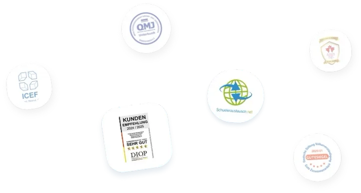 Collage di loghi e sigilli di qualità: ICEF, QMJ, Schueleraustausch.net e altri riconoscimenti