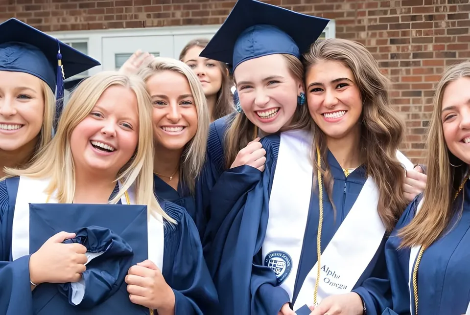 Un gruppo di studentesse della St. David Catholic Secondary School posa in abito da diploma davanti a un edificio in mattoni festeggiando il proprio diploma.