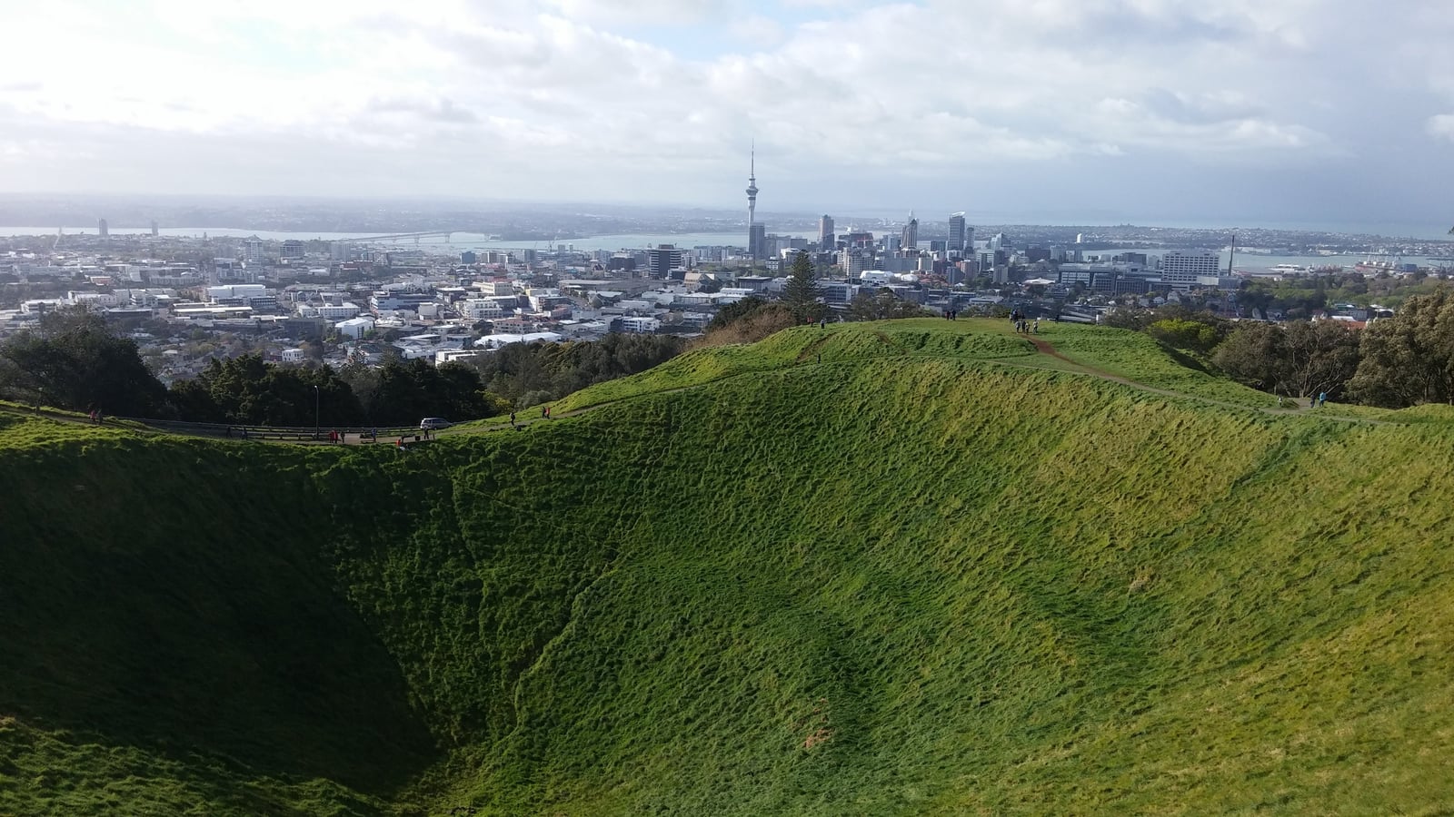 Grasbewachsener Vulkankrater mit Blick auf die Skyline von Auckland und den Sky Tower