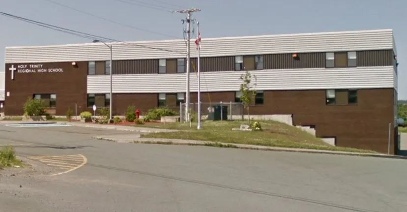 L'edificio a più piani della Holy Trinity High School con facciata marrone si trova circondato da un'area verde e una strada in primo piano.