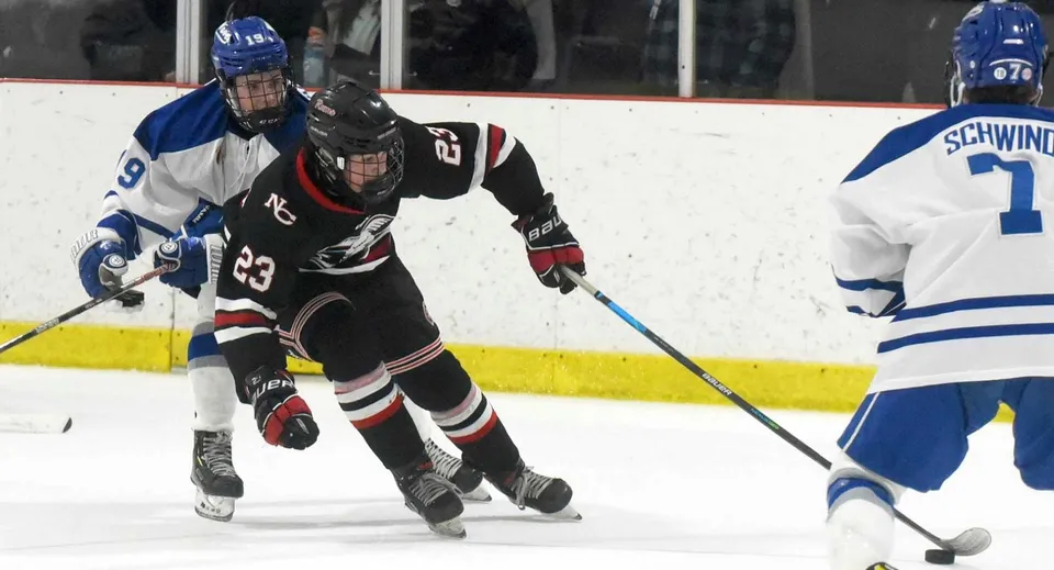 Due giocatori di hockey della St. Peter High School giocano sul ghiaccio seguiti dal pubblico.