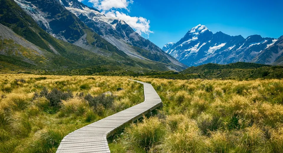 Una passerella in legno attraversa un prato verde conducendo verso montagne innevate nel terreno del Paraparaumu College.