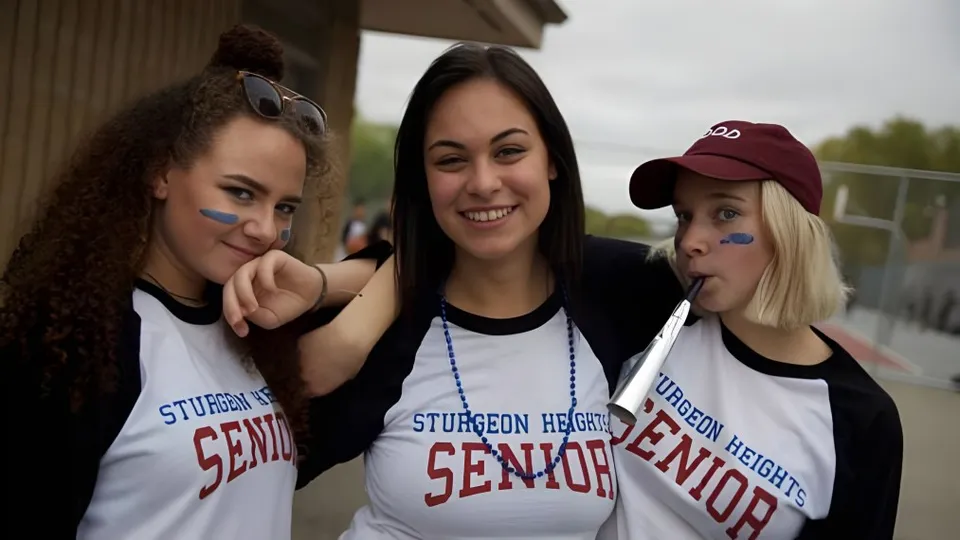Tre studentesse con le magliette del Collège Sturgeon Heights Collegiate sorridono e mettono in posa davanti a un edificio.